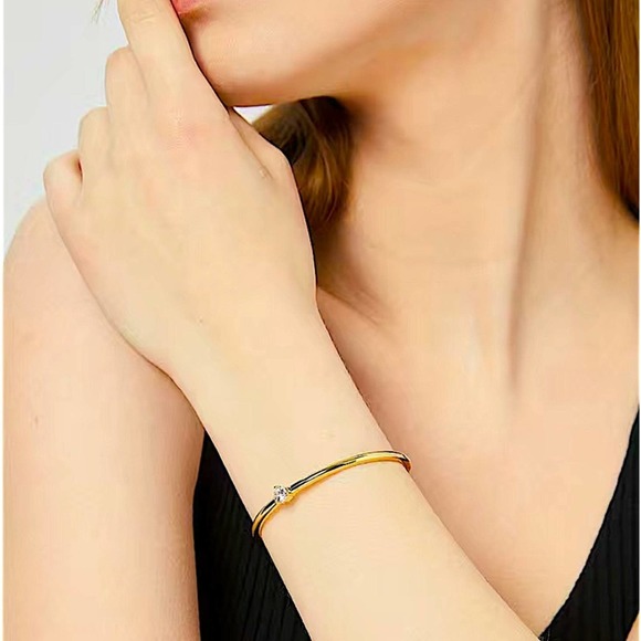 Gold Solitaire Zircon Cuff Bangle Simple Plain Adjustable Bracelet - Picture 3 of 8